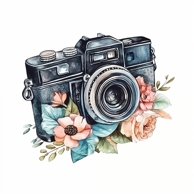 Cámara de fotos de acuarela con flores Ilustración de estilo de boceto dibujo a mano garabato retro vintage Icono logotipo impresión sublimación clipart AI generado