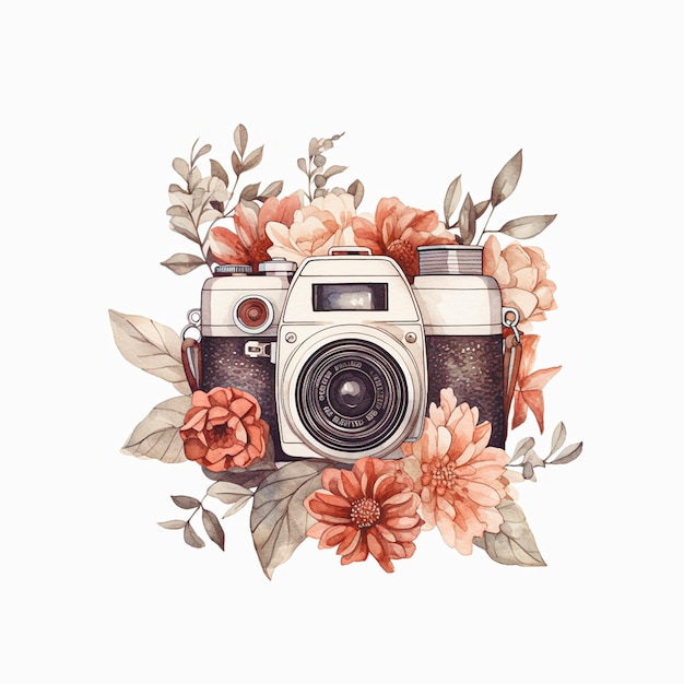 una cámara de fotos vintage de acuarela con flores