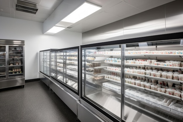 Cámara frigorífica con estantes repletos de alimentos congelados y bebidas creados con inteligencia artificial generativa