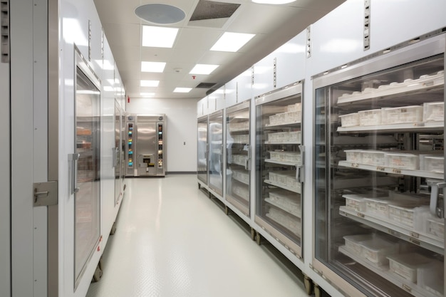 Cámara frigorífica con filas de alimentos congelados y productos envasados creados con IA generativa