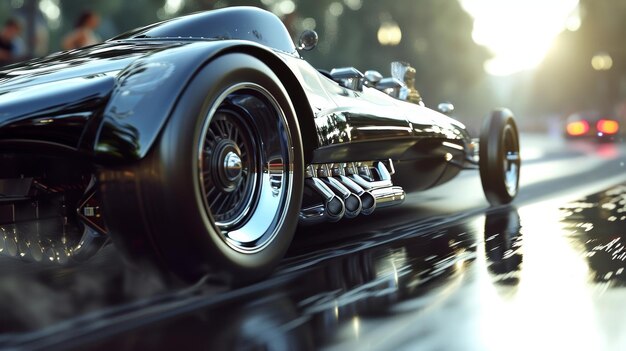 Foto la cámara hace zoom en el cuerpo elegante y brillante de un dragster vintage mientras gira su motor en