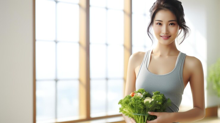 a la cámara A una hermosa chica en ropa deportiva le gusta comer verduras limpias después de hacer ejercicio