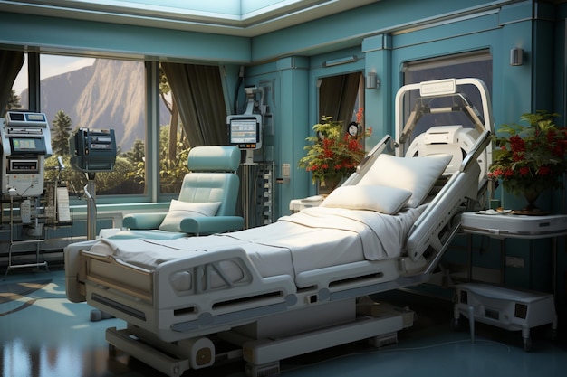 Câmara hospitalar apresenta cama e mesa um espaço funcional para atendimento ao paciente