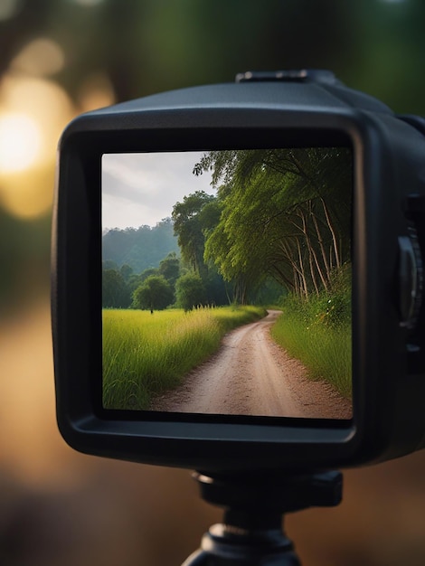 Foto una cámara con una imagen de una carretera de campo y árboles