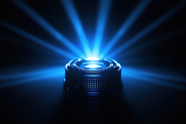 Una cámara con una luz azul que se ilumina con una luz azul.