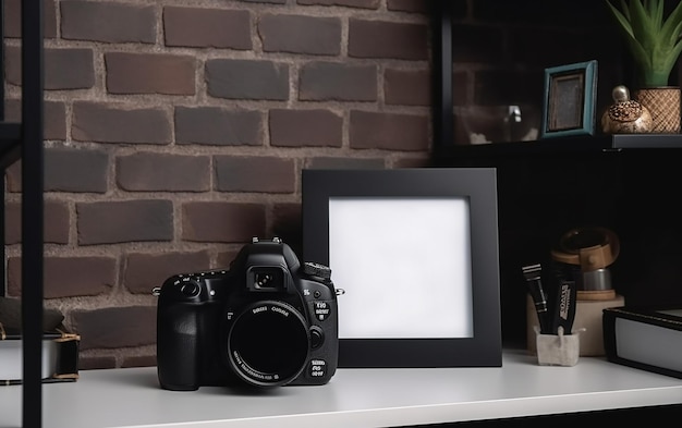 Una cámara y un marco están sobre una mesa con un marco negro.