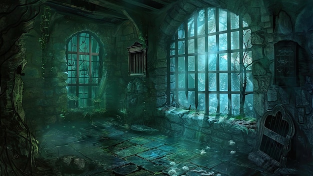 La cámara de la mazmorra húmeda y humedecida con una ventana barrada ofrece fantasmas de celdas de prisión paranormales ruinas de la Edad Media gótica polvo humedad estructura subterránea misticismo miedo generado por IA