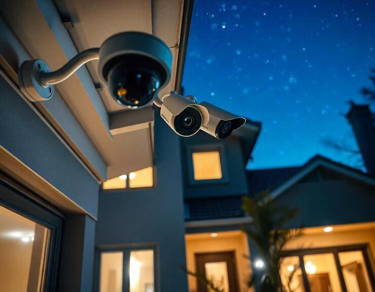 una cámara montada en una casa con un fondo de cielo