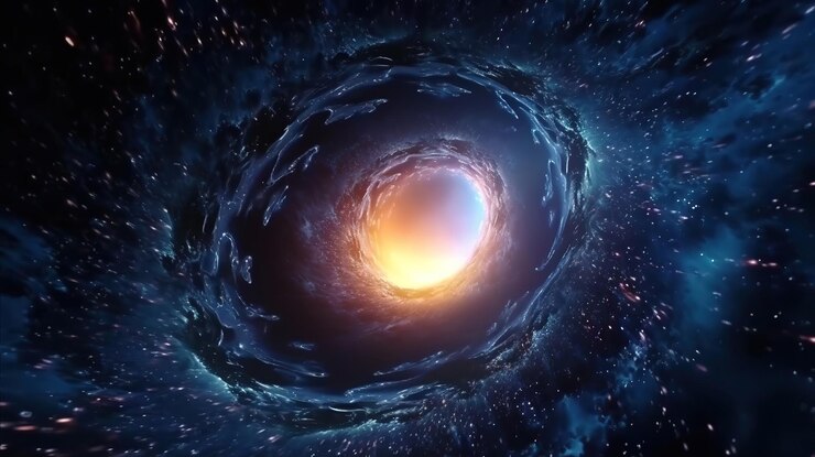 La cámara se mueve a través de un agujero negro o un agujero de gusano hacia otra galaxia AI generativa