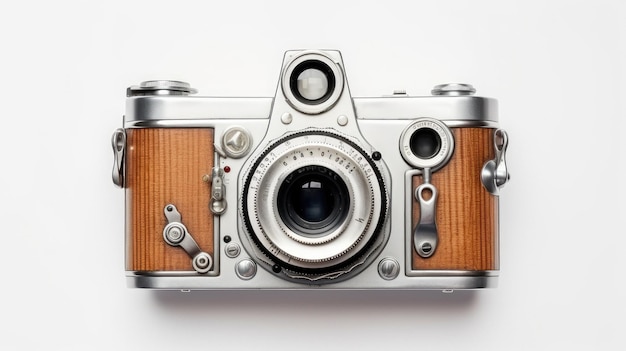 Una cámara que tiene un marco de madera alrededor de la lente.