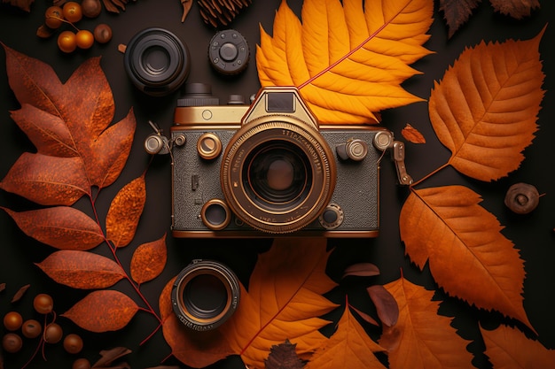 Una cámara rodeada de hojas de otoño sobre un fondo negro