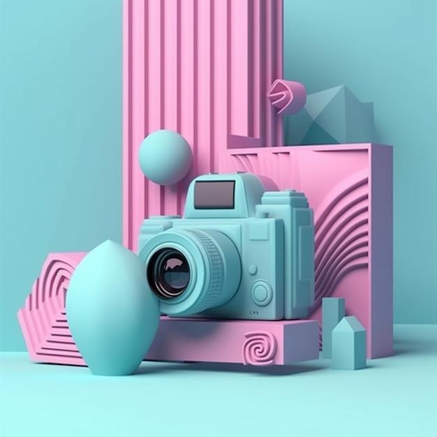 Una cámara rosa y azul se asienta sobre un fondo azul.