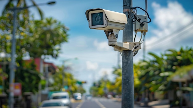 Una cámara de seguridad al aire libre colocada en lo alto de un poste escanea los alrededores en busca de cualquier actividad sospechosa en una zona residencial