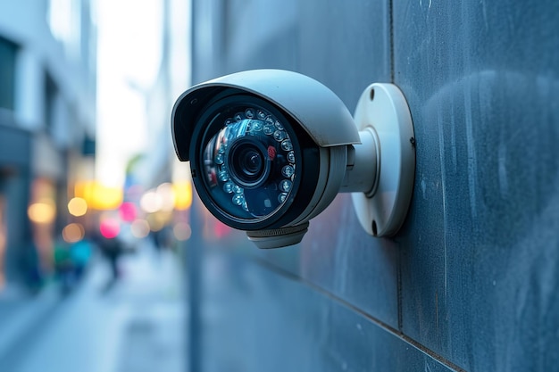 Cámara de seguridad de CCTV para edificios de oficinas montada en una pared exterior con AI generativa vacía