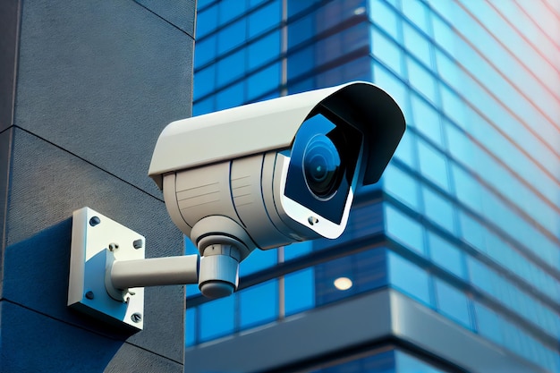 Cámara de seguridad CCTV en el exterior de un edificio de oficinas moderno IA generativa