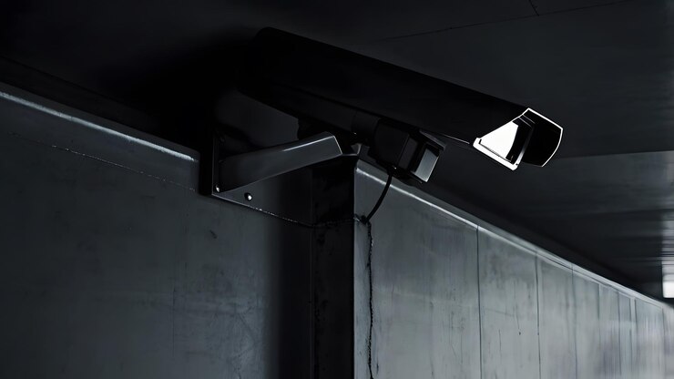 Cámara de seguridad de CCTV negra que graba por la noche colocada en la casa o en la pared de la casa vigilancia de video o protección vigilancia y observación del movimiento de la propiedad prevención del crimen luz roja