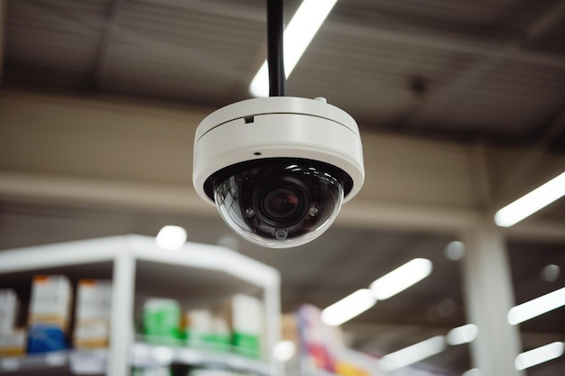 Cámara de seguridad CCTV en el techo de una tienda de comestibles Ai generativa