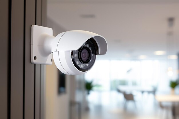 Foto cámara de seguridad colocada en el vestíbulo del hotel concepto de tecnología de seguridad