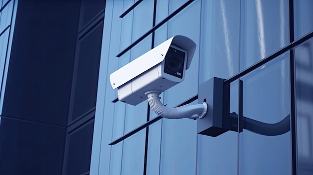 Cámara de seguridad cctv o cámara de vigilancia en el fondo del edificio  concepto de tecnología ia generativa