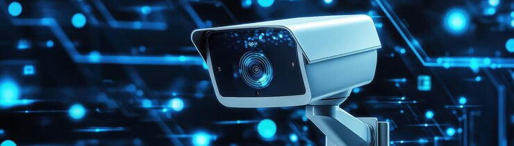 Cámara de seguridad doméstica inteligente con tecnología de IA en el fondo técnico Copiar espacio para texto