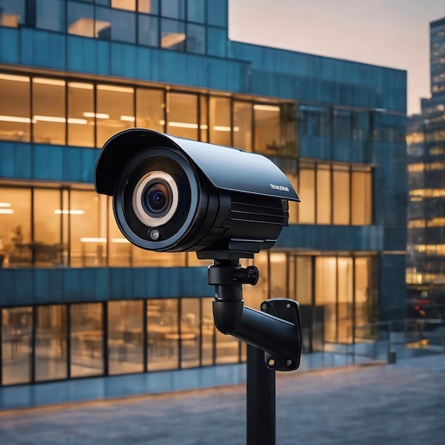 Cámara de seguridad con un edificio de vidrio en el fondo