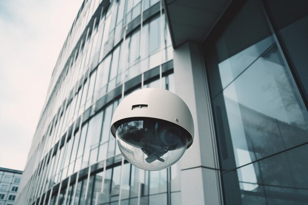 Cámara de seguridad fuera de un edificio con una pared de cristal