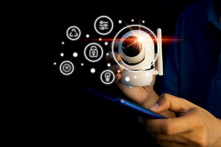 Foto la cámara de seguridad inalámbrica ip wi-fi admite la tecnología de instalación de internet, sistemas de seguridad y aplicaciones para el hogar inteligente.