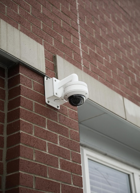 Foto cámara de seguridad montada en un edificio con vista a una calle concurrida mientras que la cámara en la carretera está en la tapa de un poste