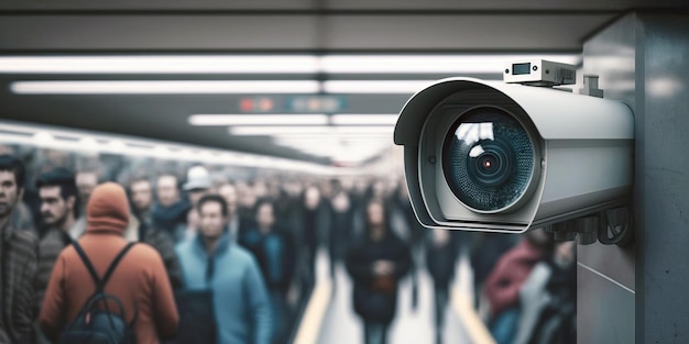 Una cámara de seguridad que monitorea la estación de tren llena de gente o el metro.