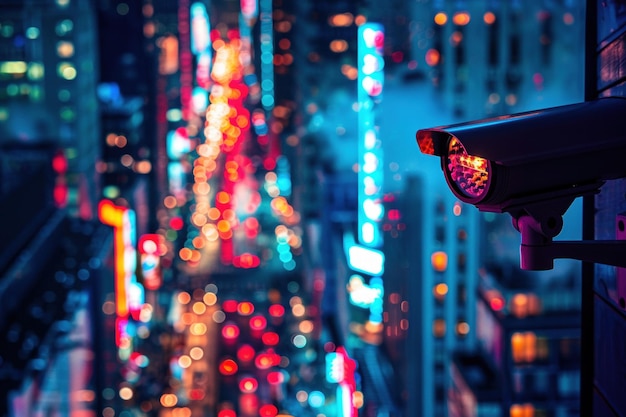 Una cámara de seguridad que supervisa un paisaje urbano bullicioso por la noche
