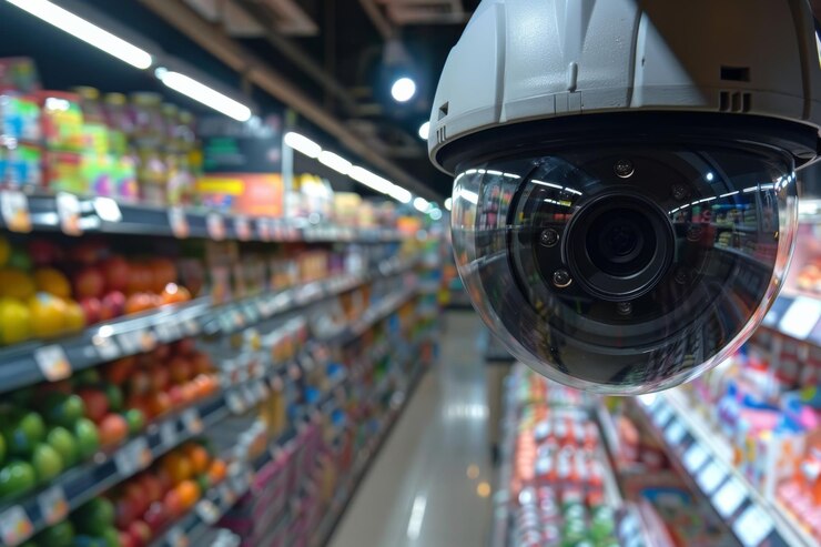 Cámara de seguridad que vigila el pasillo de productos en un supermercado para garantizar la seguridad y evitar el robo