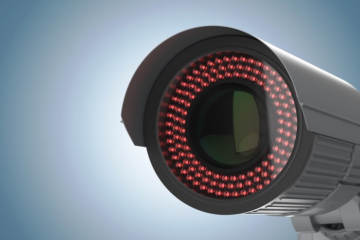 Foto cámara de seguridad de renderizado 3d o cámara de circuito cerrado de televisión en la pared