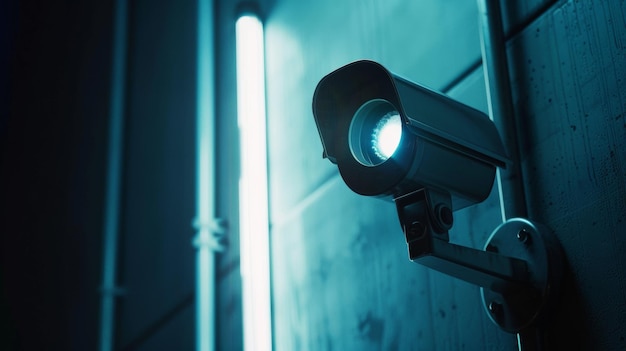 Una cámara de seguridad vigilante contra un cielo nocturno iluminado por neón