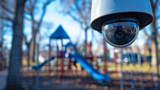 Una cámara de seguridad con vistas a un patio de recreo en un parque que proporciona vigilancia para garantizar la seguridad de los niños y las familias