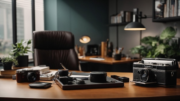 Foto cámara slr en una mesa de madera contra una ventana borrosa vieja tecnología de fotografía