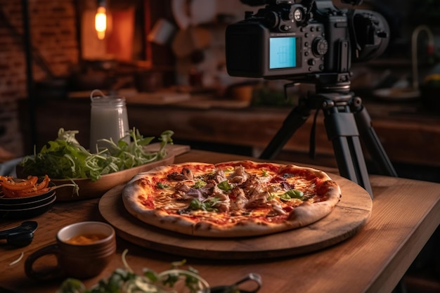 Una cámara sobre una mesa con una pizza encima.