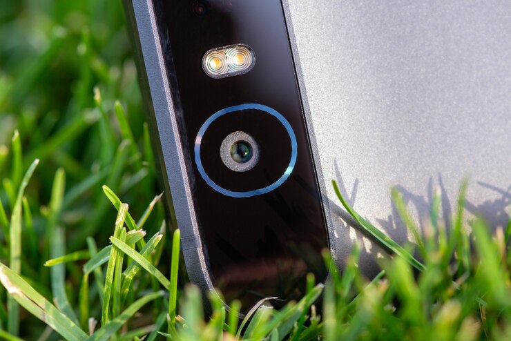 Foto cámara de teléfono inteligente con una foto de primer plano en la hierba verde