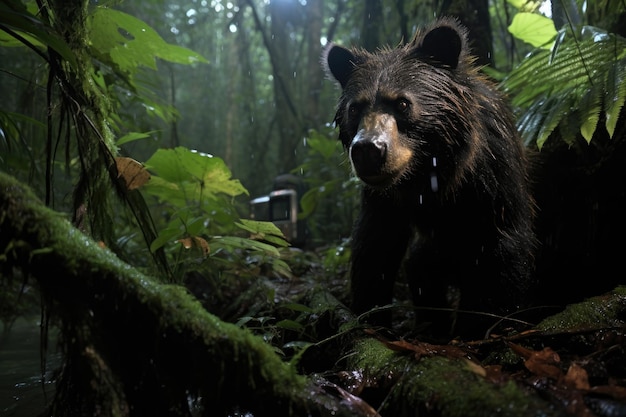 Cámara trampa que captura vida silvestre en la selva tropical