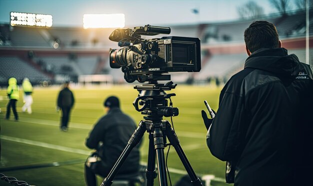 Una cámara en un trípode en un campo de fútbol