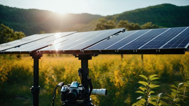 Cámara en un trípode junto al panel solar