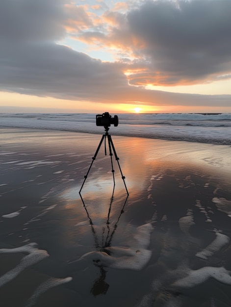 Foto una cámara está en un trípode en la playa
