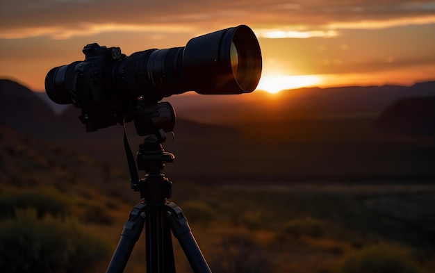Una cámara en un trípode con la puesta de sol detrás de ella