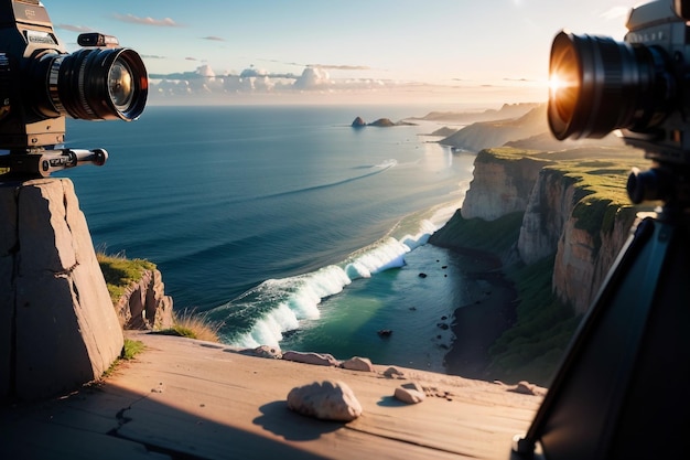 Una cámara en un trípode toma una fotografía del océano.