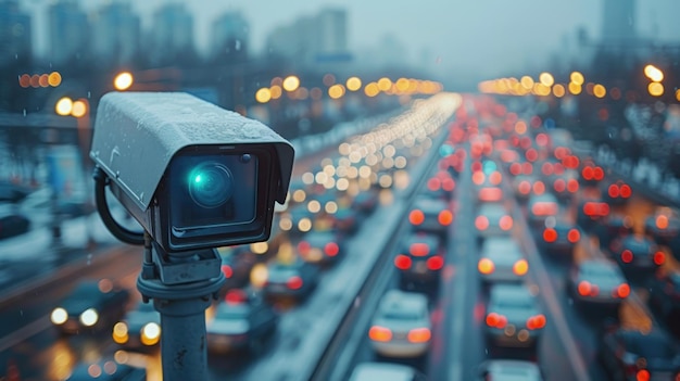 La cámara de velocidad monitorea el tráfico ocupado en la carretera Las cámaras controlan la velocidad en la carretera IA generativa