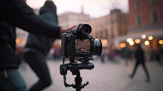 Una cámara de video está siendo filmada en una plaza.