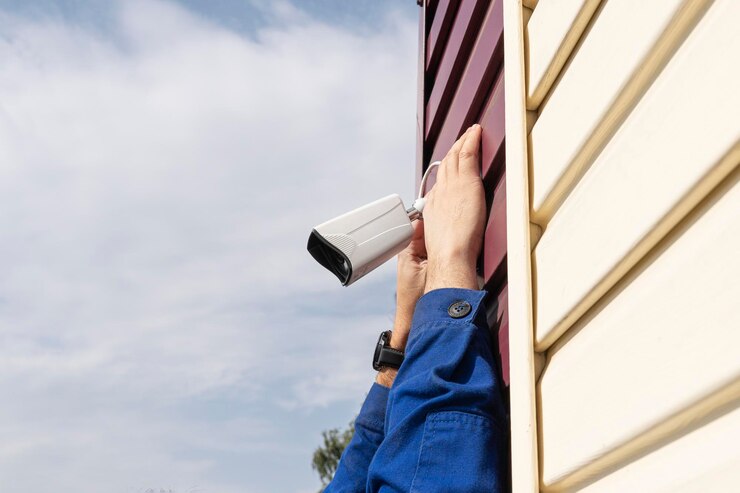 Foto una cámara de videovigilancia en manos de un técnico instalación de videovigilancia al aire libre en primer plano trabajador técnico instalando cámara de videovigilancia cámara cctv primer plano