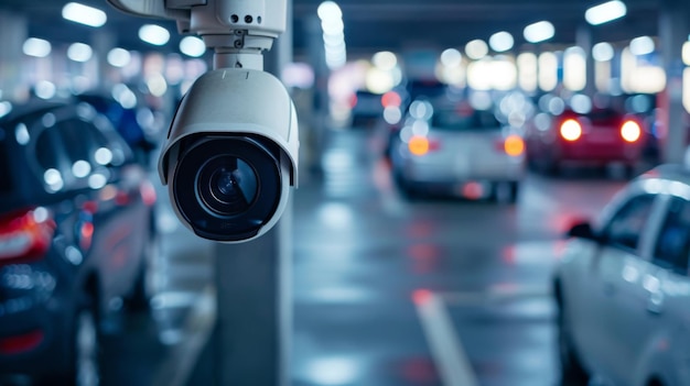 Una cámara de vigilancia captura imágenes de un estacionamiento que proporciona seguridad para vehículos y peatones en áreas comerciales
