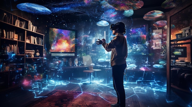 Foto cámara virtual una habitación donde los usuarios inmersivos cámara virtual está equipado con equipo de realidad virtual holográfica generativa ai