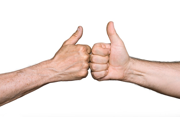 Camaradería. Pulgar arriba signo aislado en blanco