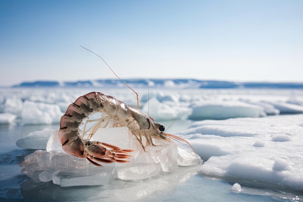 Camarão camarão tigre em ice berg com vista para o oceano criado com ai generativa